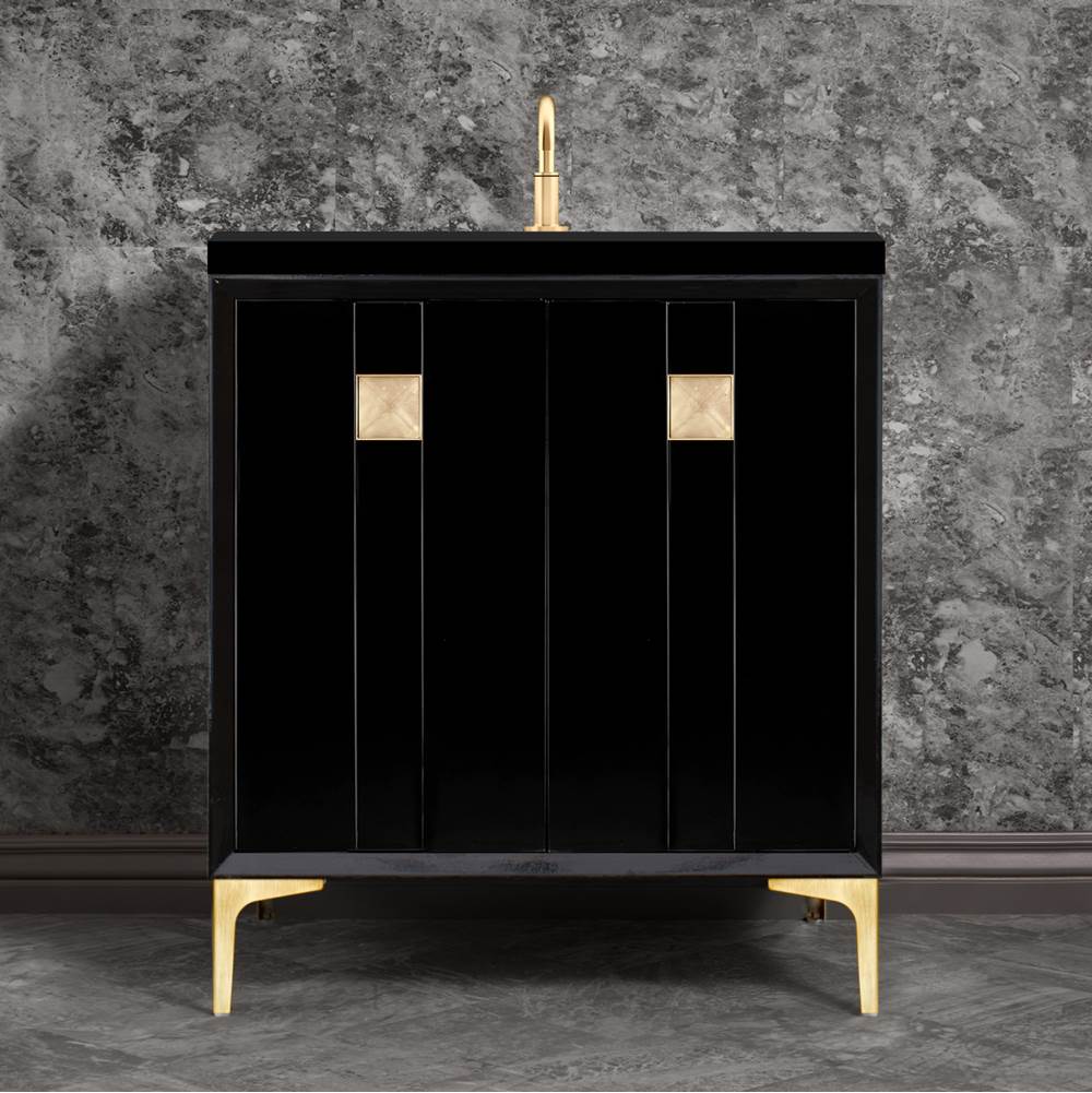 Linkasink - TUXEDO with 3'' Artisan Glass Prism Hardware 30'' Wide Vanity, Black, Satin Brass Hardware, 30'' x 22'' x 33.5'' (without vanity top) - Satin Brass with Eglomise Prism Glass
