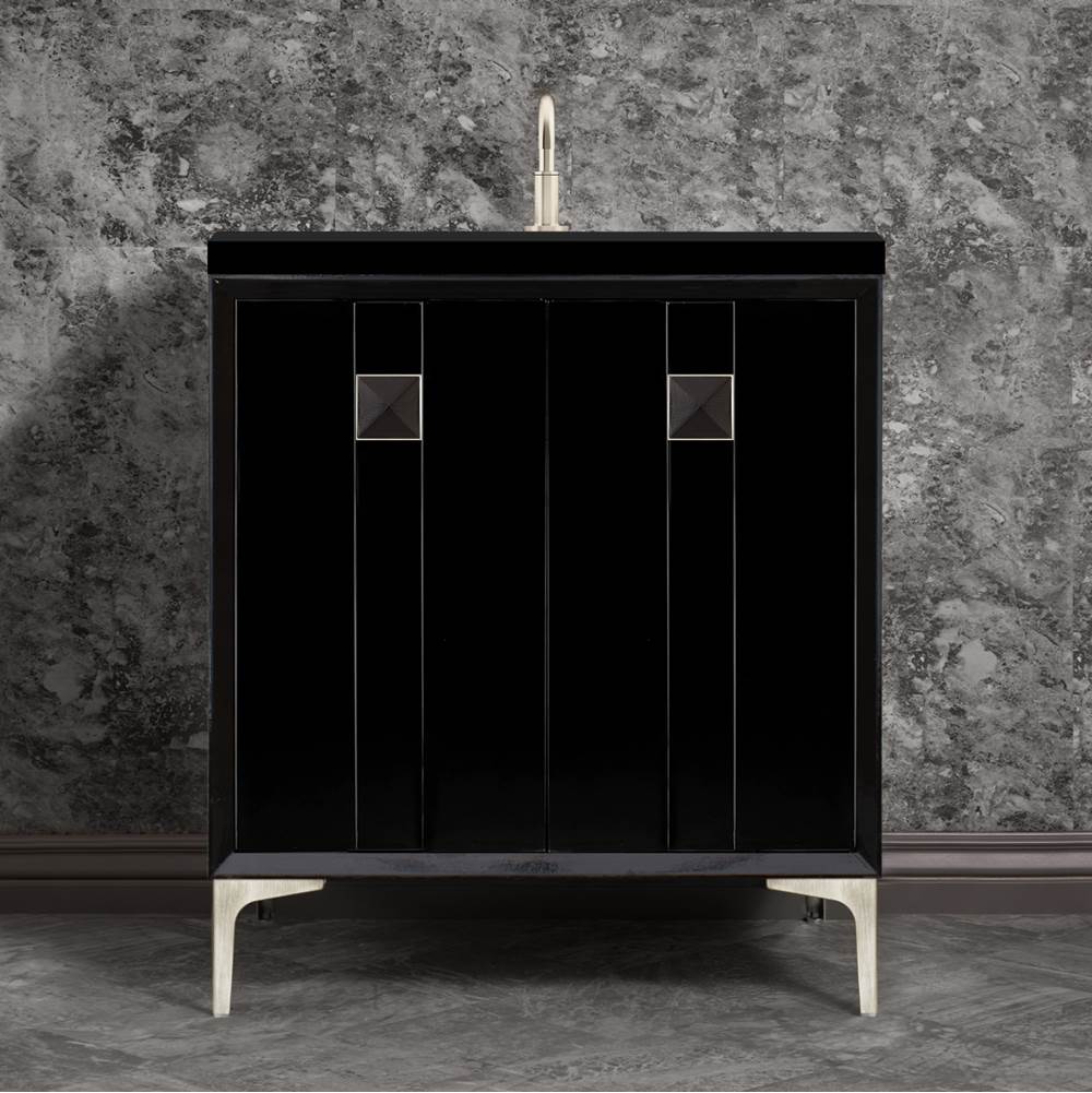 Linkasink - TUXEDO with 3'' Artisan Glass Prism Hardware 30'' Wide Vanity, Black, Satin Nickel Hardware, 30'' x 22'' x 33.5'' (without vanity top) - Satin Nickel with Black Prism Glass