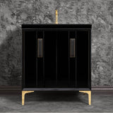 Linkasink - TUXEDO with 8'' Artisan Glass Prism Hardware 30'' Wide Vanity, Black, Polished Brass Hardware, 30'' x 22'' x 33.5'' (without vanity top) - Polished Brass with Black Prism Glass