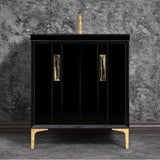 Linkasink - TUXEDO with 8'' Artisan Glass Prism Hardware 30'' Wide Vanity, Black, Polished Brass Hardware, 30'' x 22'' x 33.5'' (without vanity top) - Polished Brass with Black Tiger Prism Glass