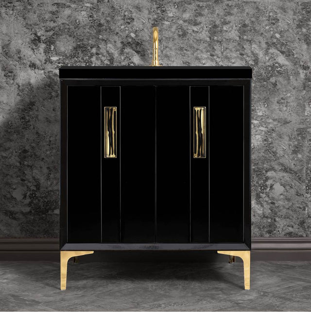Linkasink - TUXEDO with 8'' Artisan Glass Prism Hardware 30'' Wide Vanity, Black, Polished Brass Hardware, 30'' x 22'' x 33.5'' (without vanity top) - Polished Brass with Black Tiger Prism Glass