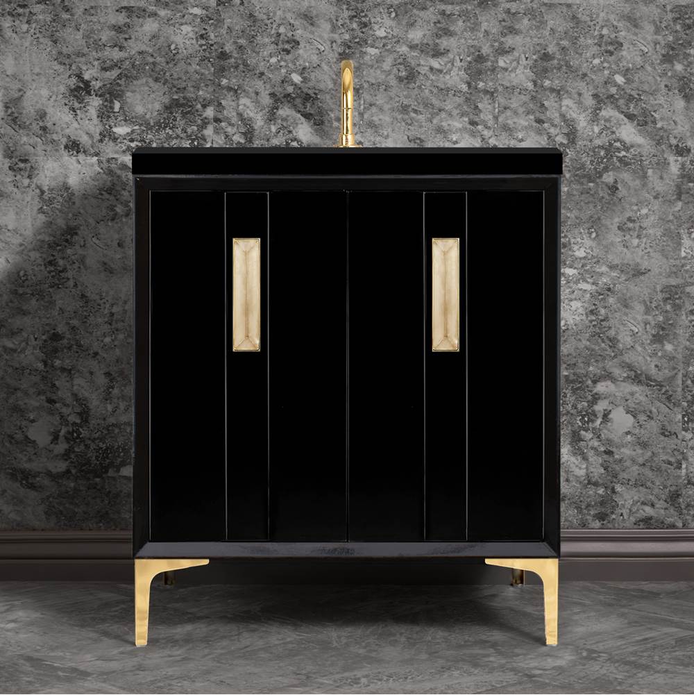 Linkasink - TUXEDO with 8'' Artisan Glass Prism Hardware 30'' Wide Vanity, Black, Polished Brass Hardware, 30'' x 22'' x 33.5'' (without vanity top) - Polished Brass with Eglomise Prism Glass