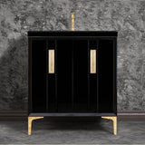 Linkasink - TUXEDO with 8'' Artisan Glass Prism Hardware 30'' Wide Vanity, Black, Polished Brass Hardware, 30'' x 22'' x 33.5'' (without vanity top) - Polished Brass with Eglomise Prism Glass