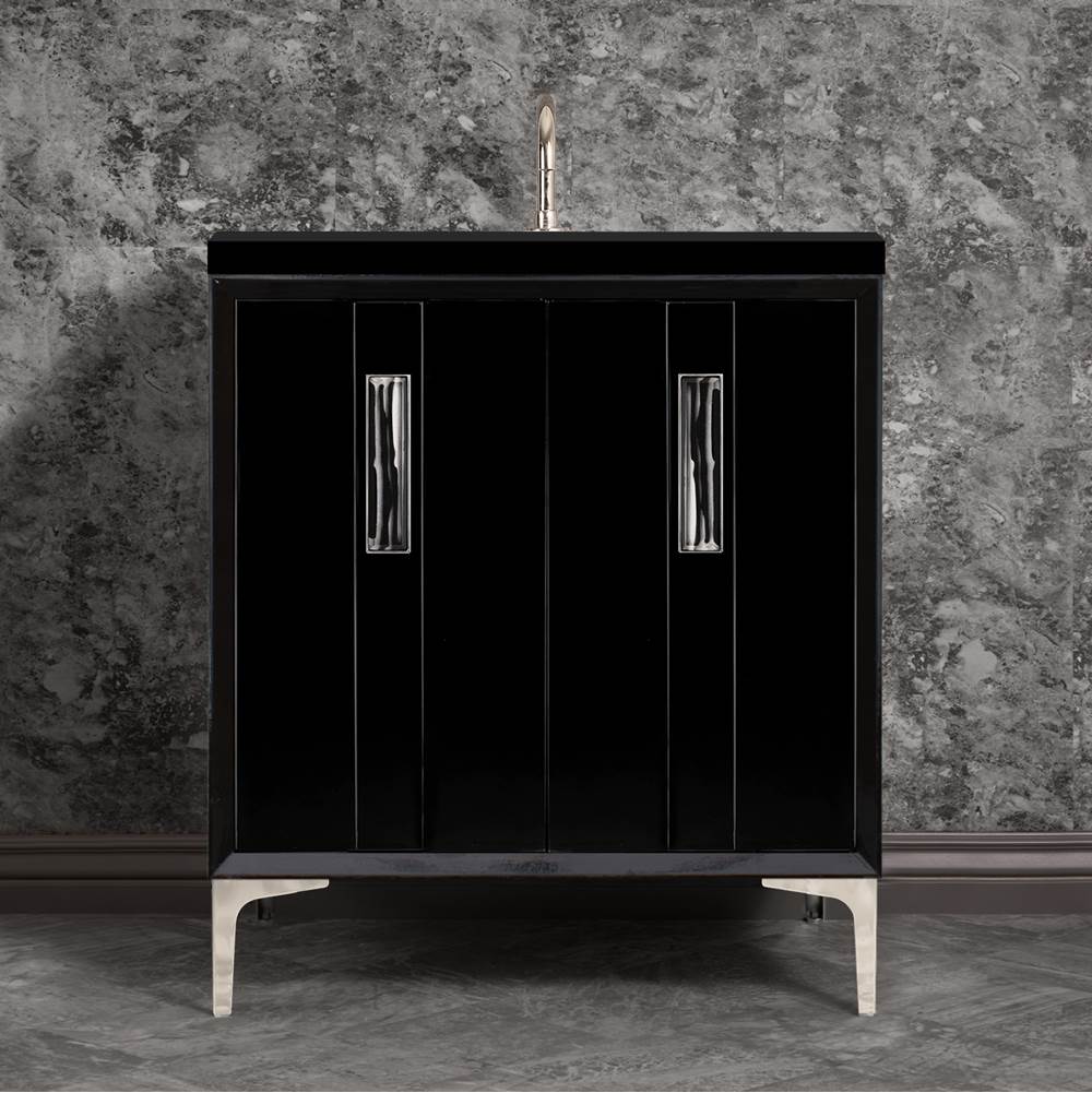 Linkasink - TUXEDO with 8'' Artisan Glass Prism Hardware 30'' Wide Vanity, Black, Polished Nickel Hardware, 30'' x 22'' x 33.5'' (without vanity top) - Polished Nickel with Black Tiger Prism Glass