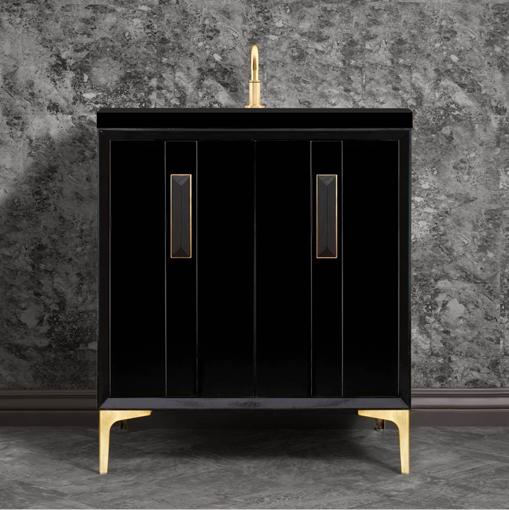 Linkasink - TUXEDO with 8'' Artisan Glass Prism Hardware 30'' Wide Vanity, Black, Satin Brass Hardware, 30'' x 22'' x 33.5'' (without vanity top) - Satin Brass with Black Prism Glass
