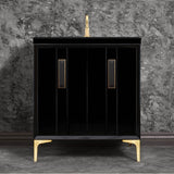 Linkasink - TUXEDO with 8'' Artisan Glass Prism Hardware 30'' Wide Vanity, Black, Satin Brass Hardware, 30'' x 22'' x 33.5'' (without vanity top) - Satin Brass with Black Prism Glass