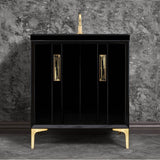 Linkasink - Tuxedo with 8'' Black Tiger Artisan Glass Prism, 30'' Wide Vanity, Black, Satin Brass Hardware with White Glass, 30'' x 22'' x 33.5'' (without vanity top) - Satin Brass with Black Tiger Prism Glass