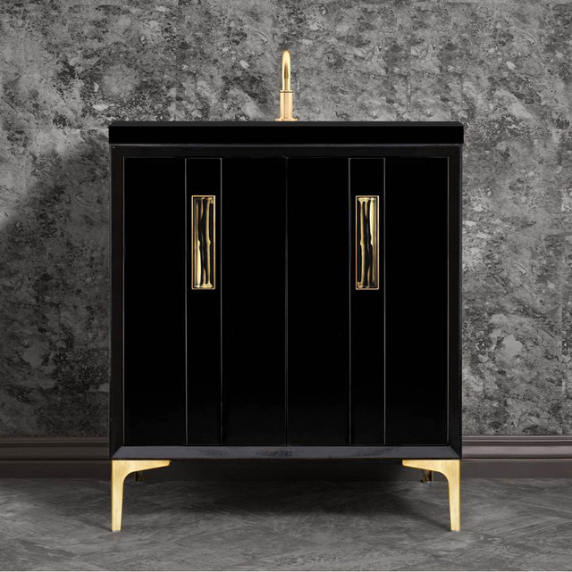 Linkasink - Tuxedo with 8'' Black Tiger Artisan Glass Prism, 30'' Wide Vanity, Black, Satin Brass Hardware with White Glass, 30'' x 22'' x 33.5'' (without vanity top) - Satin Brass with Black Tiger Prism Glass