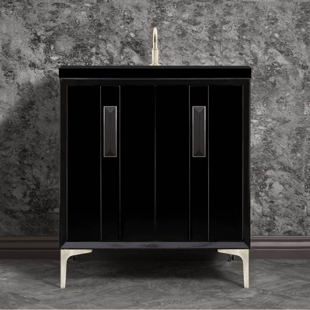 Linkasink - TUXEDO with 8'' Artisan Glass Prism Hardware 30'' Wide Vanity, Black, Satin Nickel Hardware, 30'' x 22'' x 33.5'' (without vanity top) - Satin Nickel with Black Prism Glass