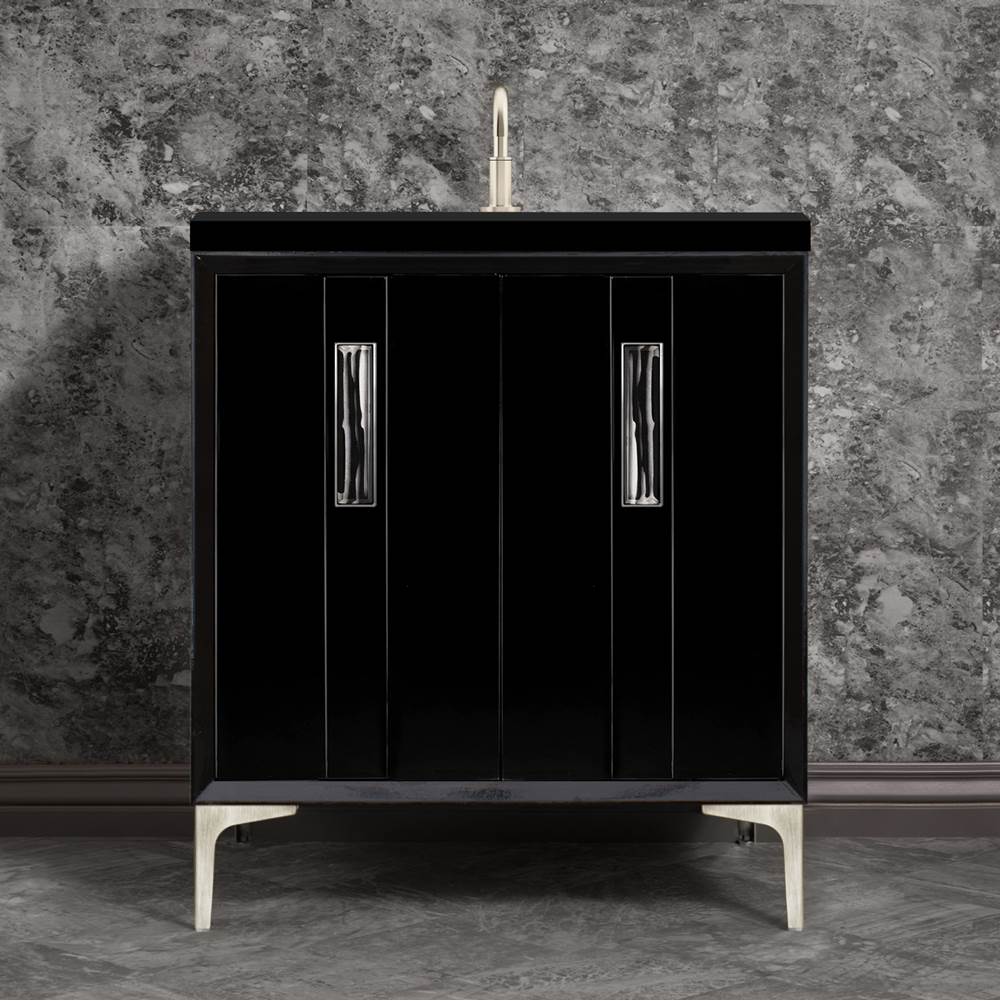Linkasink - TUXEDO with 8'' Artisan Glass Prism Hardware 30'' Wide Vanity, Black, Satin Nickel Hardware, 30'' x 22'' x 33.5'' (without vanity top) - Satin Nickel with Black Tiger Prism Glass