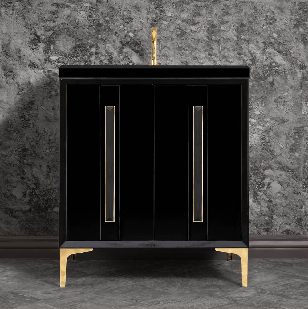 Linkasink - TUXEDO with 18'' Artisan Glass Prism Hardware 30'' Wide Vanity, Black, Polished Brass Hardware, 30'' x 22'' x 33.5'' (without vanity top) - Polished Brass with Black Prism Glass