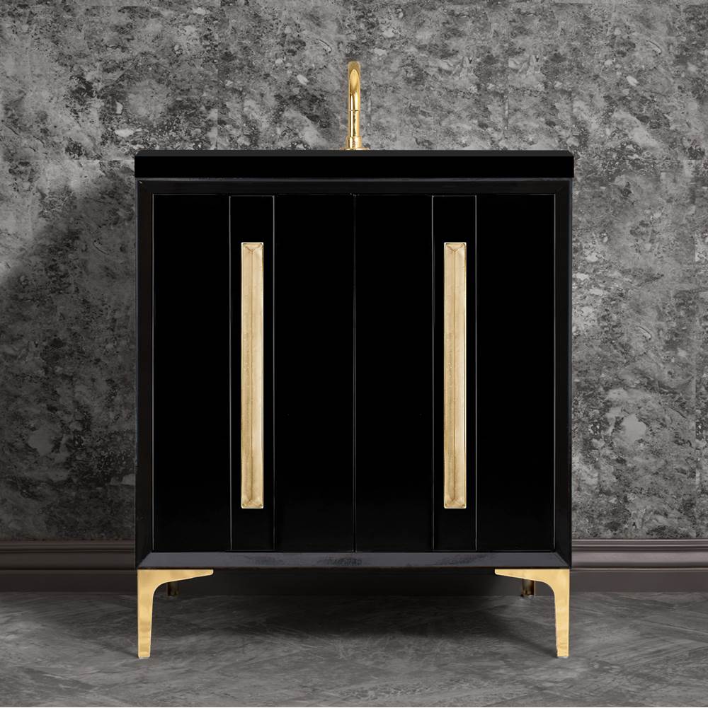 Linkasink - TUXEDO with 18'' Artisan Glass Prism Hardware 30'' Wide Vanity, Black, Polished Brass Hardware, 30'' x 22'' x 33.5'' (without vanity top) - Polished Brass with Eglomise Prism Glass