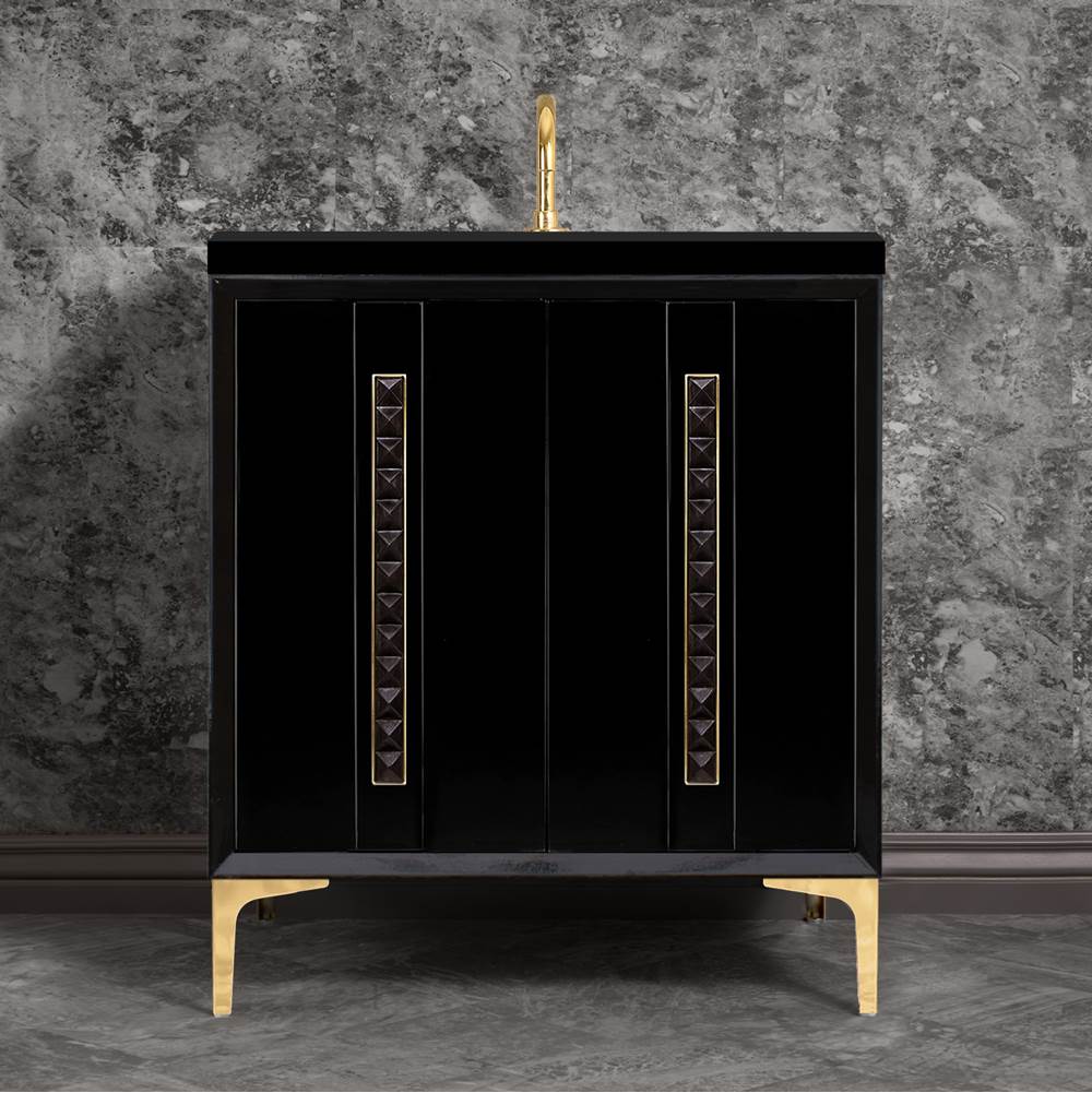 Linkasink - TUXEDO with 18'' Artisan Glass Pyramid Hardware 30'' Wide Vanity, Black, Polished Brass Hardware, 30'' x 22'' x 33.5'' (without vanity top) - Polished Brass with Black Pyramid Glass