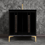 Linkasink - TUXEDO with 18'' Artisan Glass Pyramid Hardware 30'' Wide Vanity, Black, Polished Brass Hardware, 30'' x 22'' x 33.5'' (without vanity top) - Polished Brass with Black Pyramid Glass