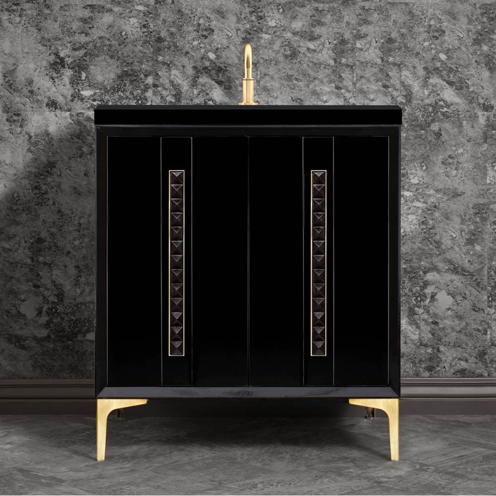 Linkasink - TUXEDO with 18'' Artisan Glass Pyramid Hardware 30'' Wide Vanity, Black, Satin Brass Hardware, 30'' x 22'' x 33.5'' (without vanity top) - Satin Brass with Black Pyramid Glass