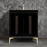 Linkasink - TUXEDO with 18'' Artisan Glass Pyramid Hardware 30'' Wide Vanity, Black, Satin Brass Hardware, 30'' x 22'' x 33.5'' (without vanity top) - Satin Brass with Black Pyramid Glass