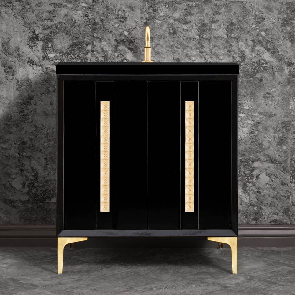 Linkasink - TUXEDO with 18'' Artisan Glass Pyramid Hardware 30'' Wide Vanity, Black, Satin Brass Hardware, 30'' x 22'' x 33.5'' (without vanity top) - Satin Brass with Ã‰glomisÃ© Pyramid Glass
