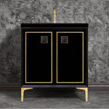 Linkasink - LINEA with 3'' Artisan Glass Prism Hardware 30'' Wide Vanity, Black, Polished Brass Hardware, 30'' x 22'' x 33.5'' (without vanity top) - Polished Brass with Black Prism Glass