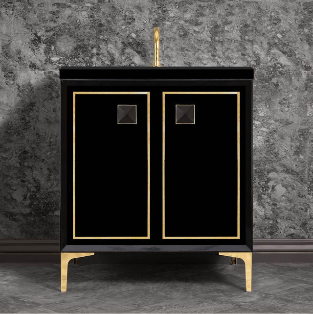 Linkasink - LINEA with 3'' Artisan Glass Prism Hardware 30'' Wide Vanity, Black, Polished Brass Hardware, 30'' x 22'' x 33.5'' (without vanity top) - Polished Brass with Black Prism Glass