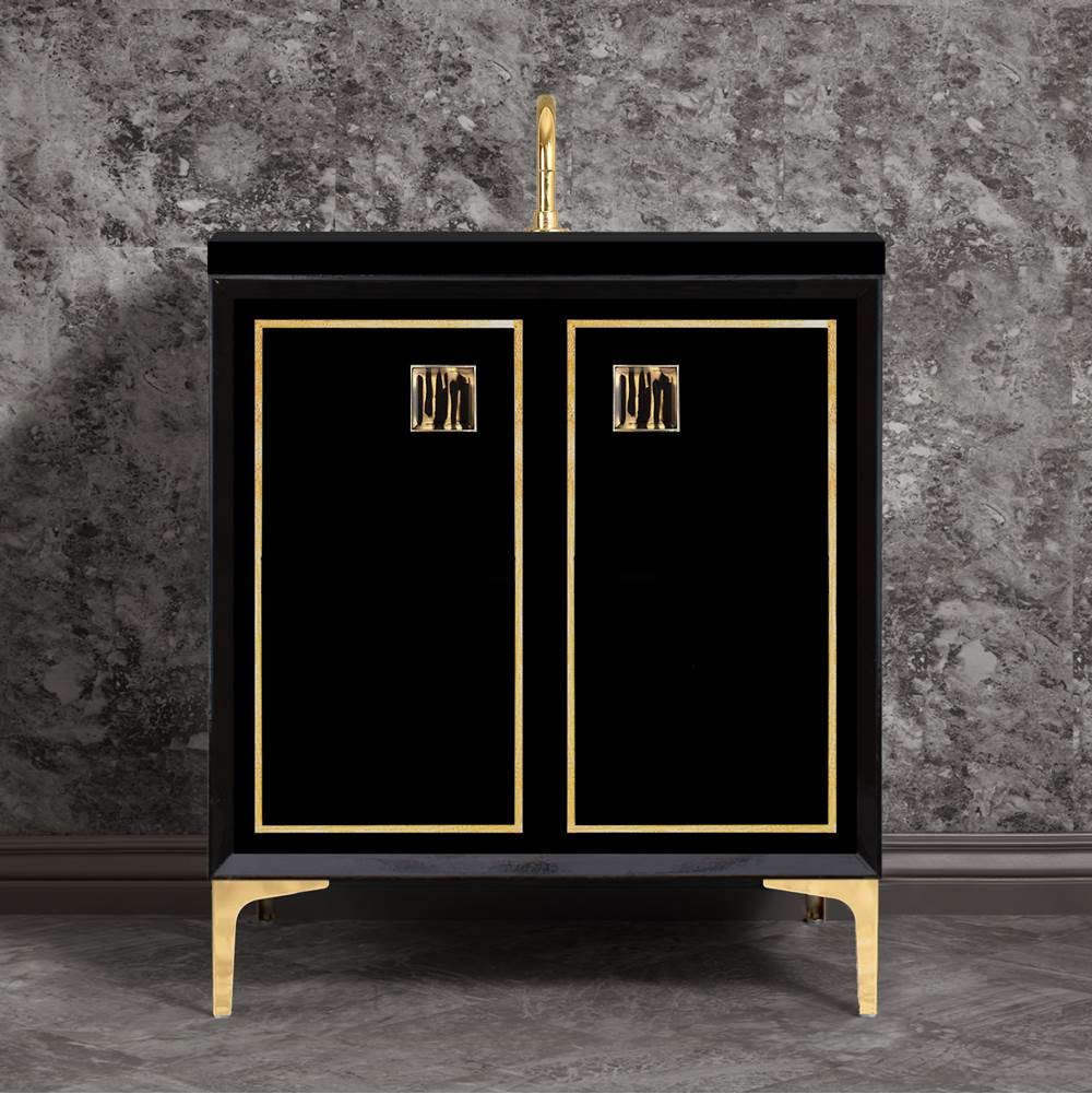 Linkasink - LINEA with 3'' Artisan Glass Prism Hardware 30'' Wide Vanity, Black, Polished Brass Hardware, 30'' x 22'' x 33.5'' (without vanity top) - Polished Brass with Black Tiger Prism Glass