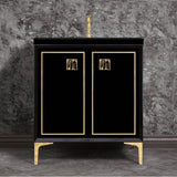 Linkasink - LINEA with 3'' Artisan Glass Prism Hardware 30'' Wide Vanity, Black, Polished Brass Hardware, 30'' x 22'' x 33.5'' (without vanity top) - Polished Brass with Black Tiger Prism Glass