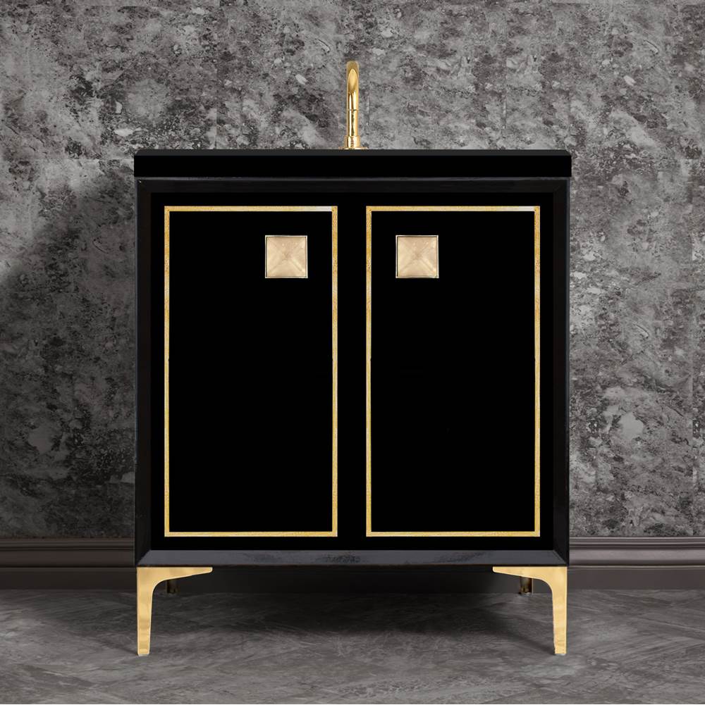 Linkasink - LINEA with 3'' Artisan Glass Prism Hardware 30'' Wide Vanity, Black, Polished Brass Hardware, 30'' x 22'' x 33.5'' (without vanity top) - Polished Brass with Eglomise Prism Glass