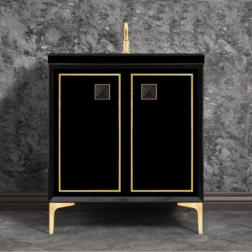 Linkasink - LINEA with 3'' Artisan Glass Prism Hardware 30'' Wide Vanity, Black, Satin Brass Hardware, 30'' x 22'' x 33.5'' (without vanity top) - Satin Brass with Black Prism Glass