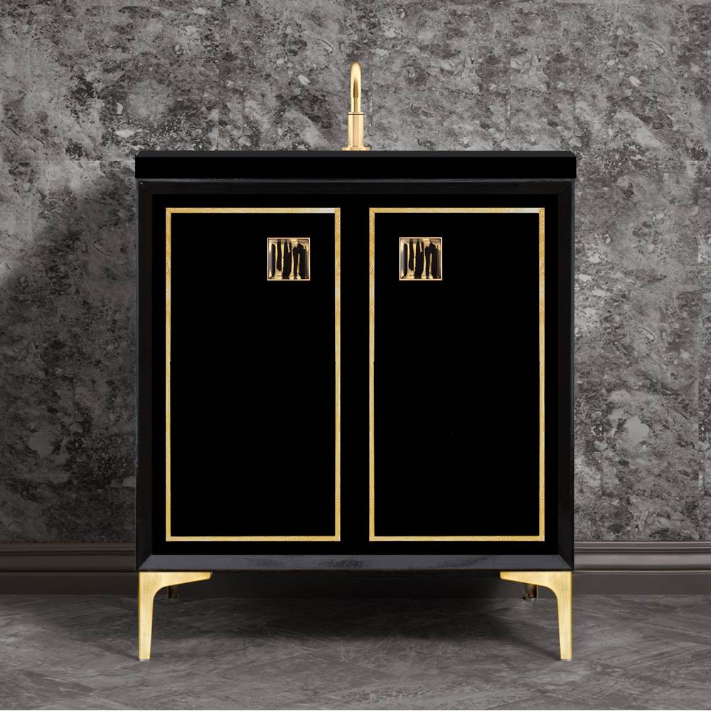 Linkasink - Linea with 3'' Black Tiger Artisan Glass Prism, 30'' Wide Vanity, Black, Satin Brass Hardware with White Glass, 30'' x 22'' x 33.5'' (without vanity top) - Satin Brass with Black Tiger Prism Glass