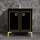 Linkasink - Linea with 3'' Black Tiger Artisan Glass Prism, 30'' Wide Vanity, Black, Satin Brass Hardware with White Glass, 30'' x 22'' x 33.5'' (without vanity top) - Satin Brass with Black Tiger Prism Glass