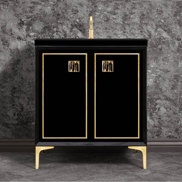 Linkasink - Linea with 3'' Black Tiger Artisan Glass Prism, 30'' Wide Vanity, Black, Satin Brass Hardware with White Glass, 30'' x 22'' x 33.5'' (without vanity top) - Satin Brass with Black Tiger Prism Glass
