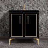 Linkasink - LINEA with 8'' Artisan Glass Prism Hardware 30'' Wide Vanity, Black, Polished Brass Hardware, 30'' x 22'' x 33.5'' (without vanity top) - Polished Brass with Black Prism Glass