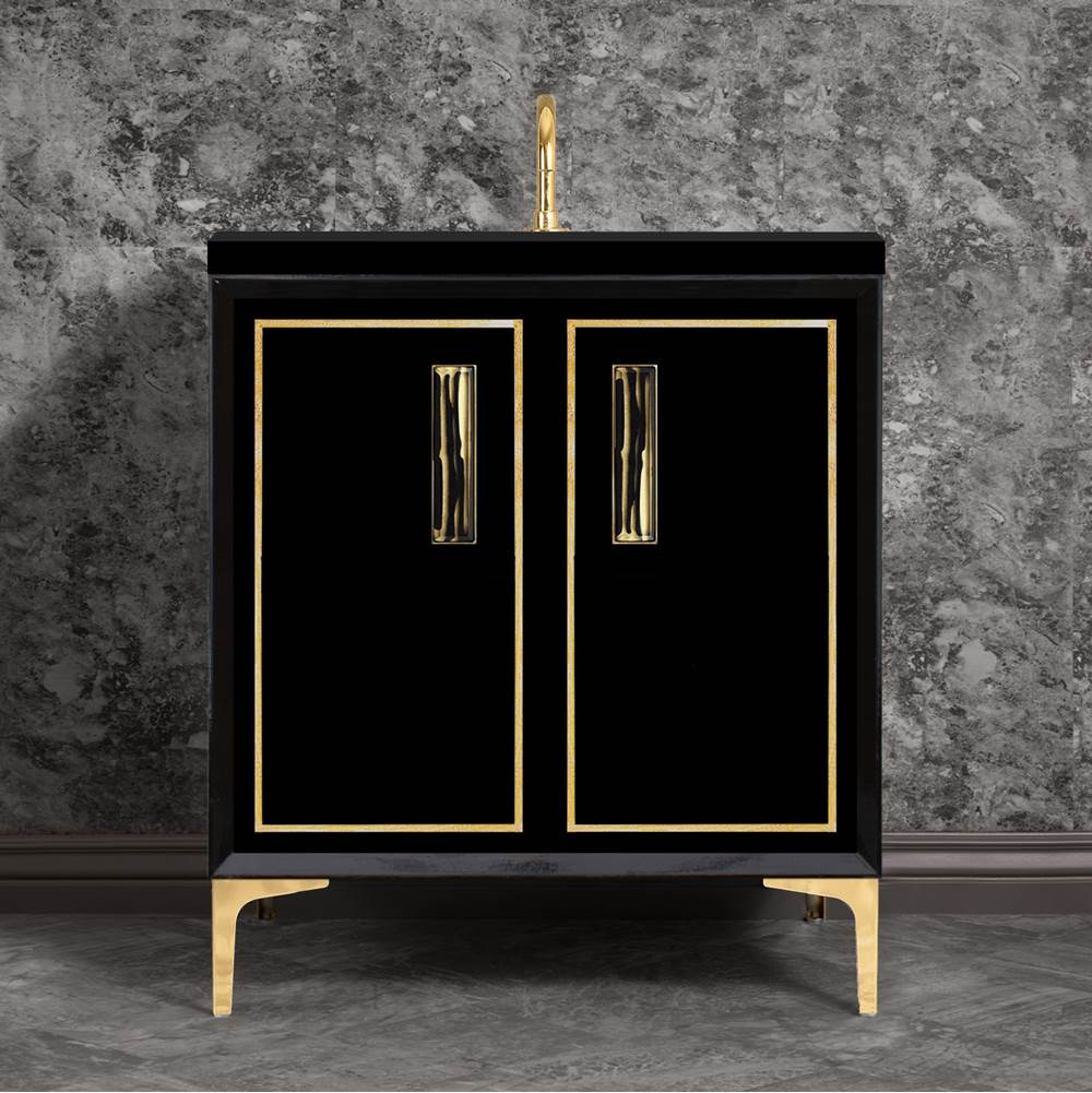 Linkasink - LINEA with 8'' Artisan Glass Prism Hardware 30'' Wide Vanity, Black, Polished Brass Hardware, 30'' x 22'' x 33.5'' (without vanity top) - Polished Brass with Black Tiger Prism Glass