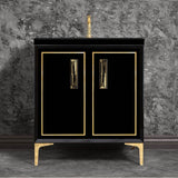 Linkasink - LINEA with 8'' Artisan Glass Prism Hardware 30'' Wide Vanity, Black, Polished Brass Hardware, 30'' x 22'' x 33.5'' (without vanity top) - Polished Brass with Black Tiger Prism Glass