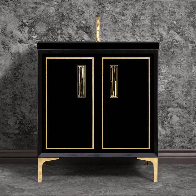 Linkasink - LINEA with 8'' Artisan Glass Prism Hardware 30'' Wide Vanity, Black, Polished Brass Hardware, 30'' x 22'' x 33.5'' (without vanity top) - Polished Brass with Black Tiger Prism Glass