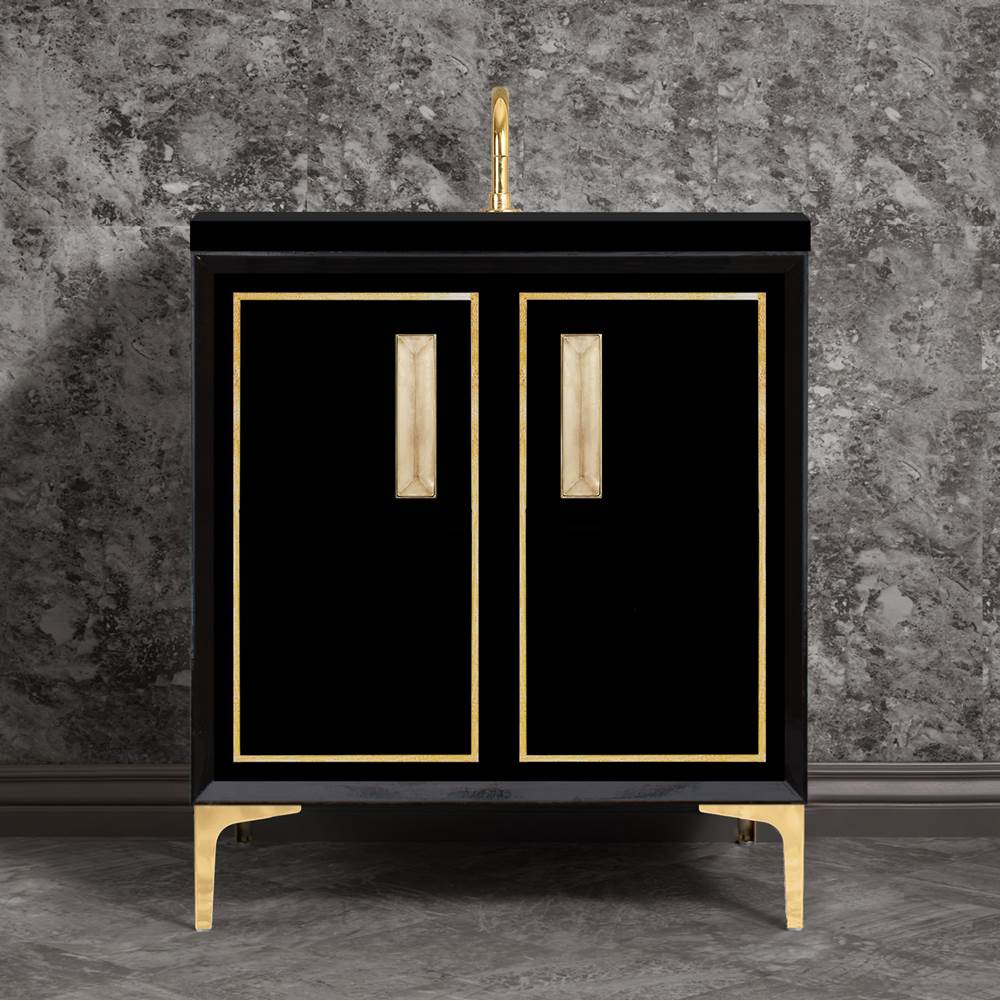 Linkasink - LINEA with 8'' Artisan Glass Prism Hardware 30'' Wide Vanity, Black, Polished Brass Hardware, 30'' x 22'' x 33.5'' (without vanity top) - Polished Brass with Eglomise Prism Glass