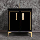 Linkasink - LINEA with 8'' Artisan Glass Prism Hardware 30'' Wide Vanity, Black, Polished Brass Hardware, 30'' x 22'' x 33.5'' (without vanity top) - Polished Brass with Eglomise Prism Glass