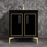 Linkasink - LINEA with 8'' Artisan Glass Prism Hardware 30'' Wide Vanity, Black, Satin Brass Hardware, 30'' x 22'' x 33.5'' (without vanity top) - Satin Brass with Black Prism Glass