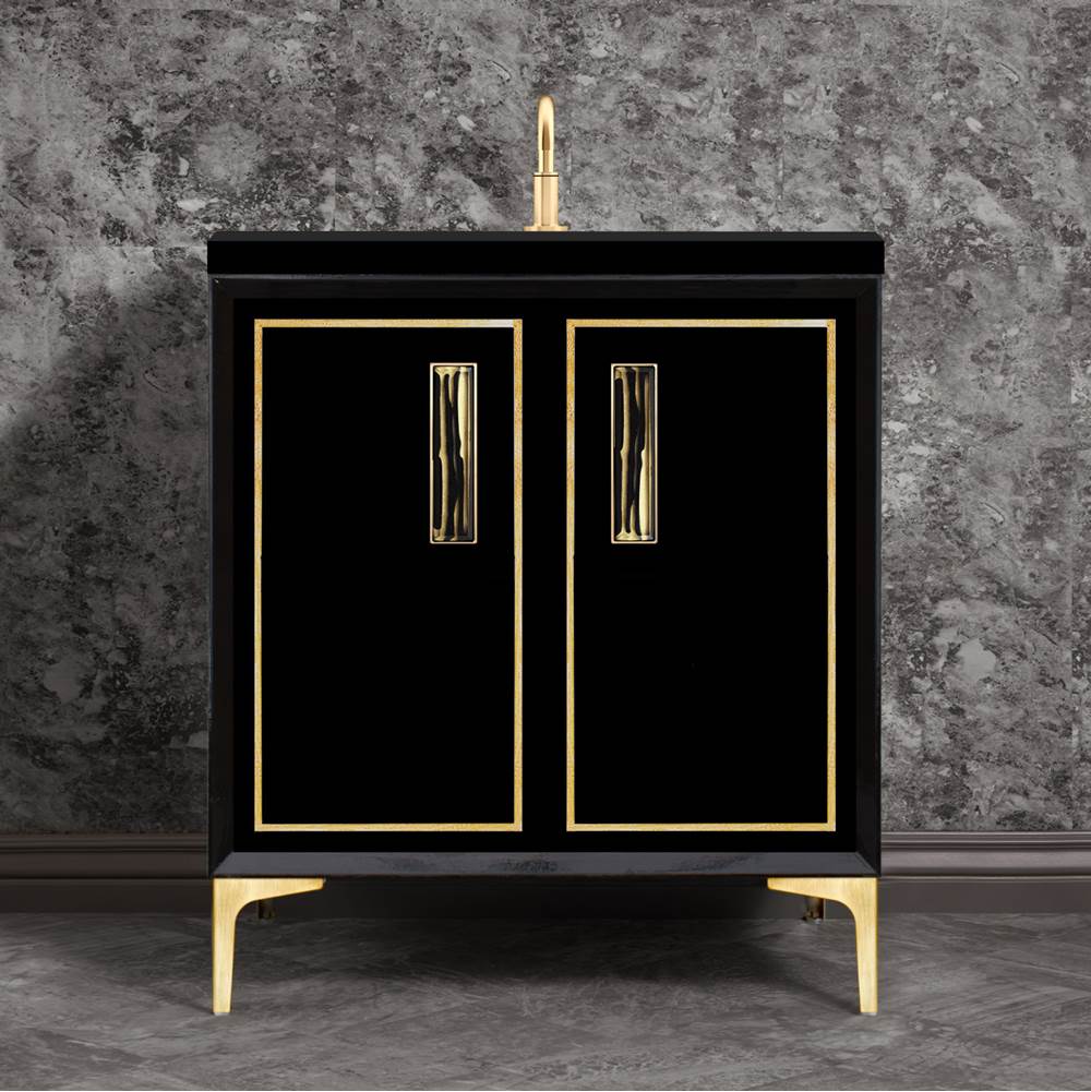 Linkasink - Linea with 8'' Black Tiger Artisan Glass Prism, 30'' Wide Vanity, Black, Satin Brass Hardware with White Glass, 30'' x 22'' x 33.5'' (without vanity top) - Satin Brass with Black Tiger Prism Glass
