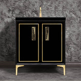 Linkasink - Linea with 8'' Black Tiger Artisan Glass Prism, 30'' Wide Vanity, Black, Satin Brass Hardware with White Glass, 30'' x 22'' x 33.5'' (without vanity top) - Satin Brass with Black Tiger Prism Glass