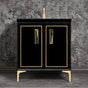 Linkasink - Linea with 8'' Black Tiger Artisan Glass Prism, 30'' Wide Vanity, Black, Satin Brass Hardware with White Glass, 30'' x 22'' x 33.5'' (without vanity top) - Satin Brass with Black Tiger Prism Glass
