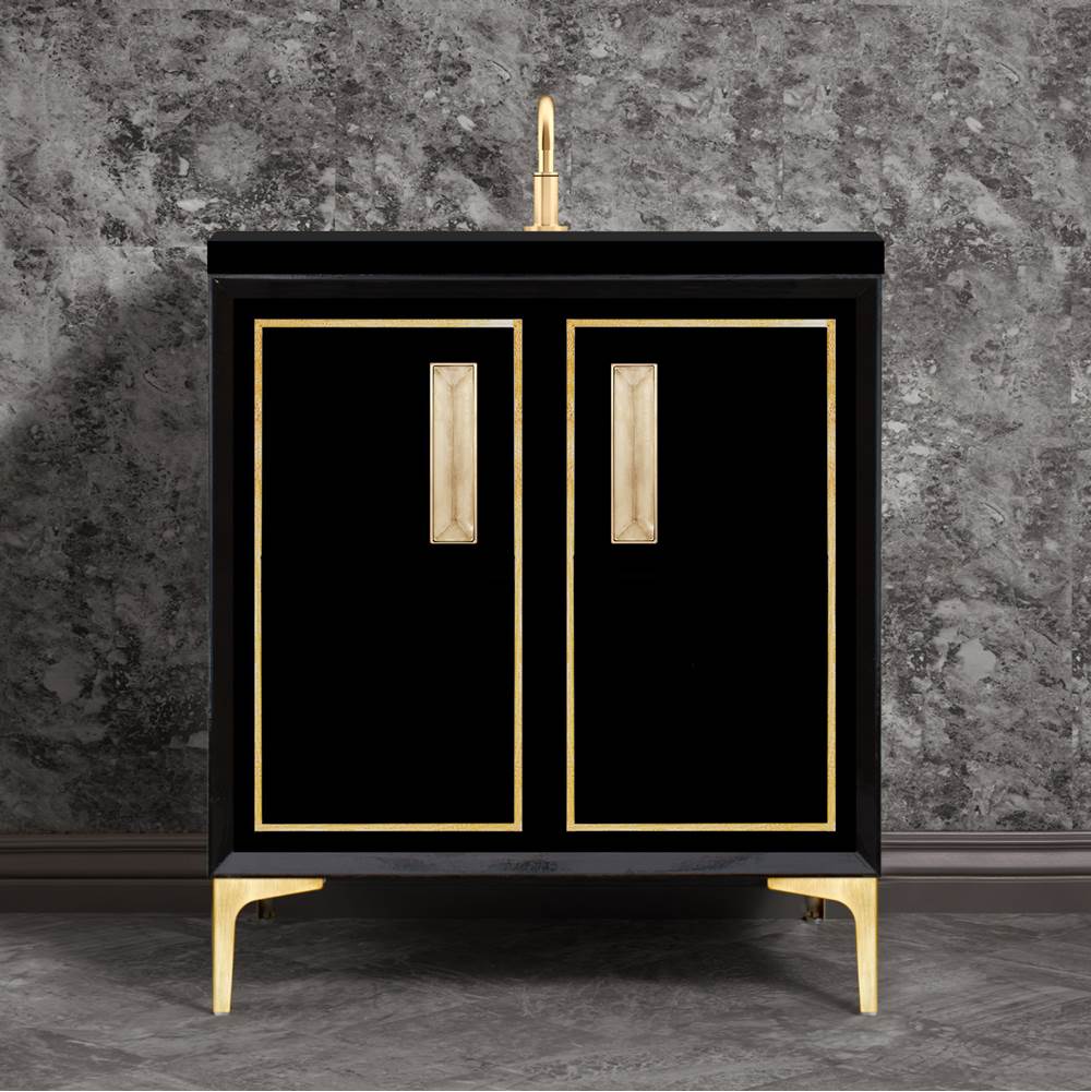 Linkasink - LINEA with 8'' Artisan Glass Prism Hardware 30'' Wide Vanity, Black, Satin Brass Hardware, 30'' x 22'' x 33.5'' (without vanity top) - Satin Brass with Eglomise Prism Glass