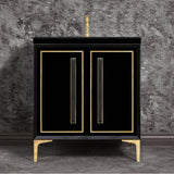 Linkasink - LINEA with 18'' Artisan Glass Prism Hardware 30'' Wide Vanity, Black, Polished Brass Hardware, 30'' x 22'' x 33.5'' (without vanity top) - Polished Brass with Black Prism Glass