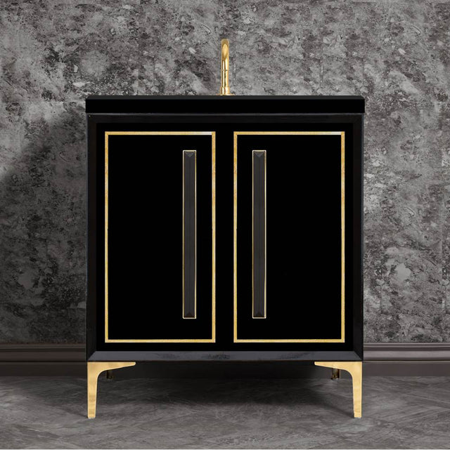 Linkasink - LINEA with 18'' Artisan Glass Prism Hardware 30'' Wide Vanity, Black, Polished Brass Hardware, 30'' x 22'' x 33.5'' (without vanity top) - Polished Brass with Black Prism Glass