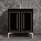 Linkasink - LINEA with 18'' Artisan Glass Prism Hardware 30'' Wide Vanity, Black, Satin Brass Hardware, 30'' x 22'' x 33.5'' (without vanity top) - Satin Brass with Black Prism Glass