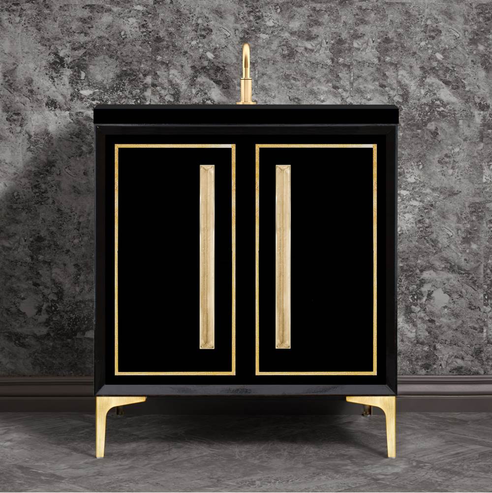Linkasink - LINEA with 18'' Artisan Glass Prism Hardware 30'' Wide Vanity, Black, Satin Brass Hardware, 30'' x 22'' x 33.5'' (without vanity top) - Satin Brass with Eglomise Prism Glass