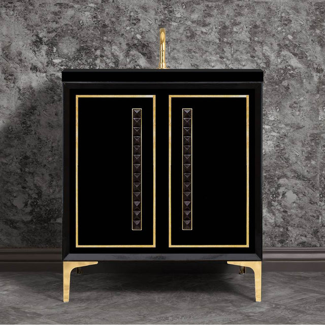 Linkasink - LINEA with 18'' Artisan Glass Pyramid Hardware 30'' Wide Vanity, Black, Polished Brass Hardware, 30'' x 22'' x 33.5'' (without vanity top) - Polished Brass with Black Pyramid Glass