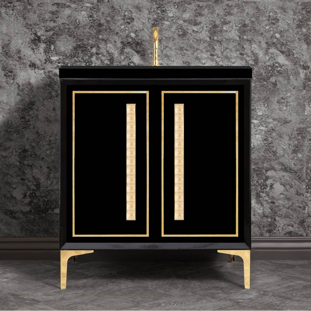 Linkasink - LINEA with 18'' Artisan Glass Pyramid Hardware 30'' Wide Vanity, Black, Polished Brass Hardware, 30'' x 22'' x 33.5'' (without vanity top) - Polished Brass with Ã‰glomisÃ© Pyramid Glass