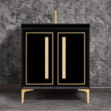 Linkasink - LINEA with 18'' Artisan Glass Pyramid Hardware 30'' Wide Vanity, Black, Polished Brass Hardware, 30'' x 22'' x 33.5'' (without vanity top) - Polished Brass with Ã‰glomisÃ© Pyramid Glass