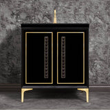 Linkasink - LINEA with 18'' Artisan Glass Pyramid Hardware 30'' Wide Vanity, Black, Satin Brass Hardware, 30'' x 22'' x 33.5'' (without vanity top) - Satin Brass with Black Pyramid Glass