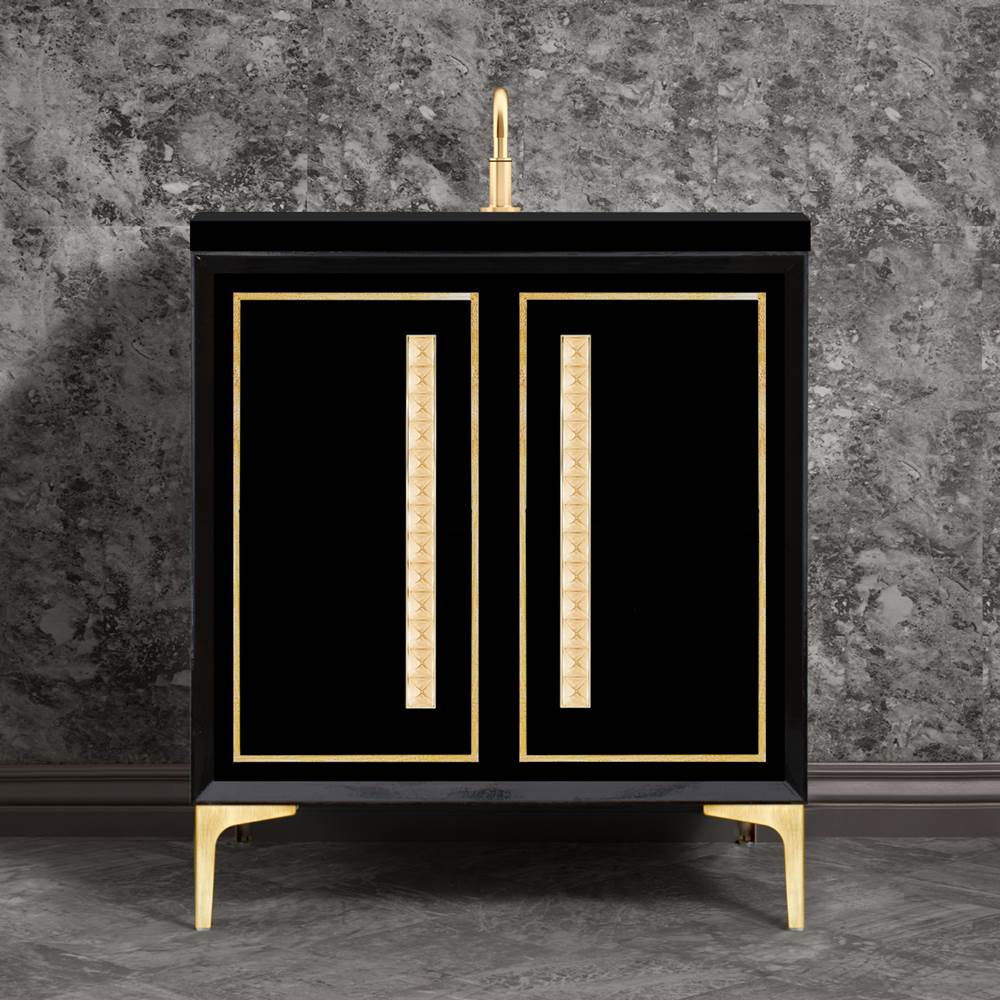 Linkasink - LINEA with 18'' Artisan Glass Pyramid Hardware 30'' Wide Vanity, Black, Satin Brass Hardware, 30'' x 22'' x 33.5'' (without vanity top) - Satin Brass with Ã‰glomisÃ© Pyramid Glass